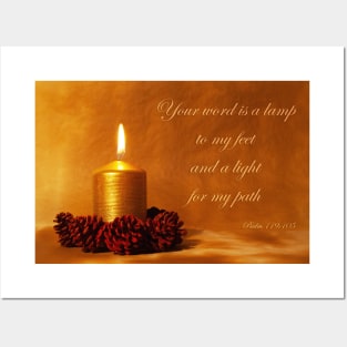 Bible quote with Christmas candle in golden light with pine cones Posters and Art